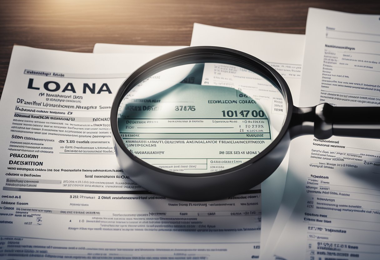 A stack of loan documents with disclaimers in bold print, surrounded by a magnifying glass, calculator, and pen on a desk